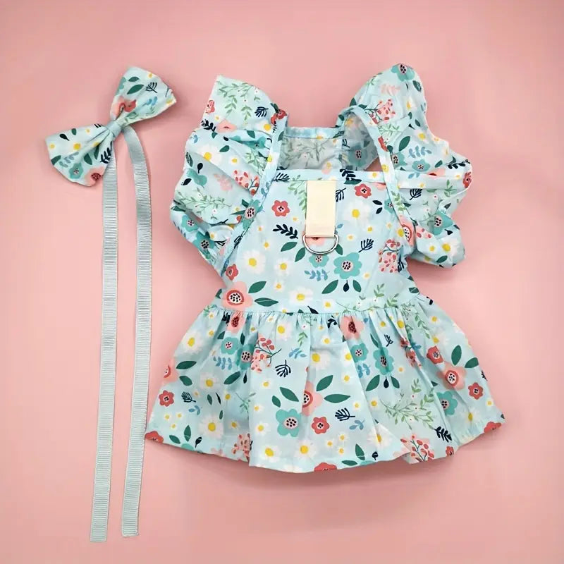 Vestido Fofo para Cães com Laço e Gancho para Trela 🌸🐶